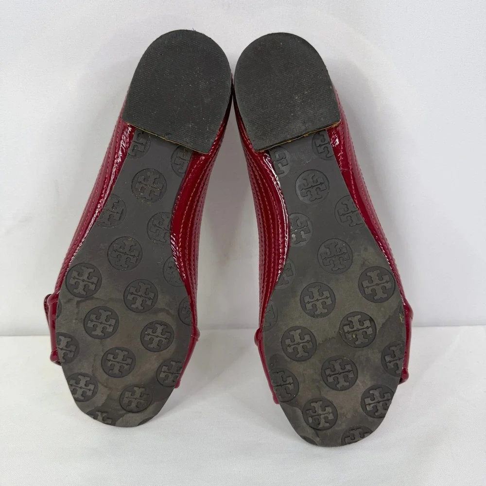 Tory Burch Red Patent Leather Quilted Open Toe Logo Medallion Flats Shoes